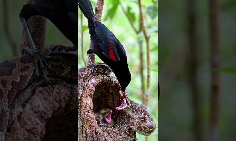 Mother bird fight python snake to protect it's chicks in the tree! #animals #shortsvideo #shorts