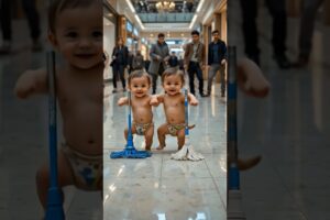 👶😂 Twin Babies & Puppy Cleaning the Mall with Mops | Cutest Funny Baby Video 2025