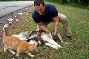 animal rescue : Brave Cat Rescues Husky from a Dangerous Situation