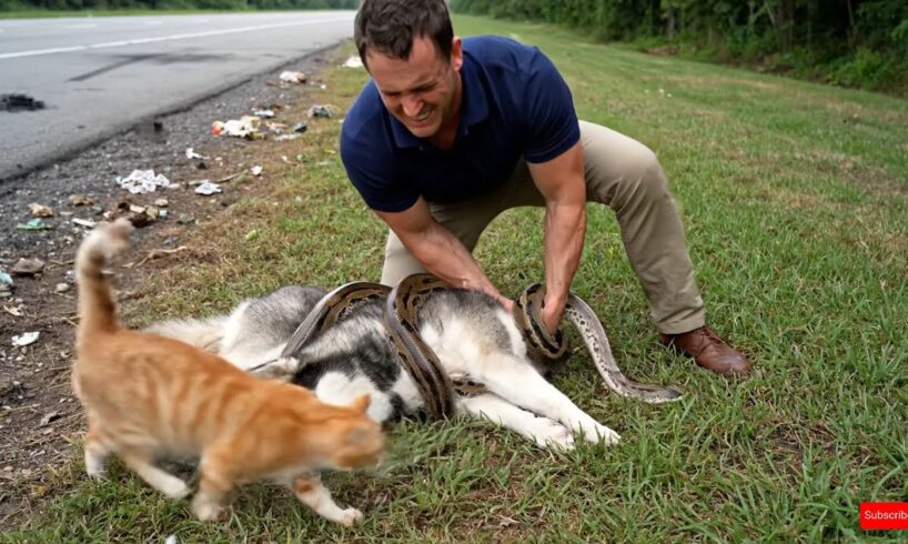 animal rescue : Brave Cat Rescues Husky from a Dangerous Situation