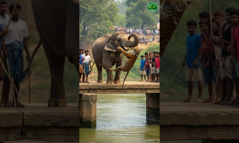 An elephant is throwing a tiger into the water #animals #tigres #short #elephant
