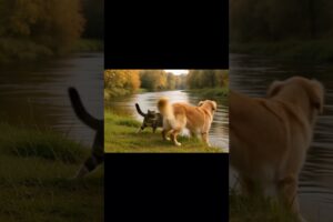 Cat & Dog playing in river side #animals #cat #dog #cat dog playing #funny cat &dog