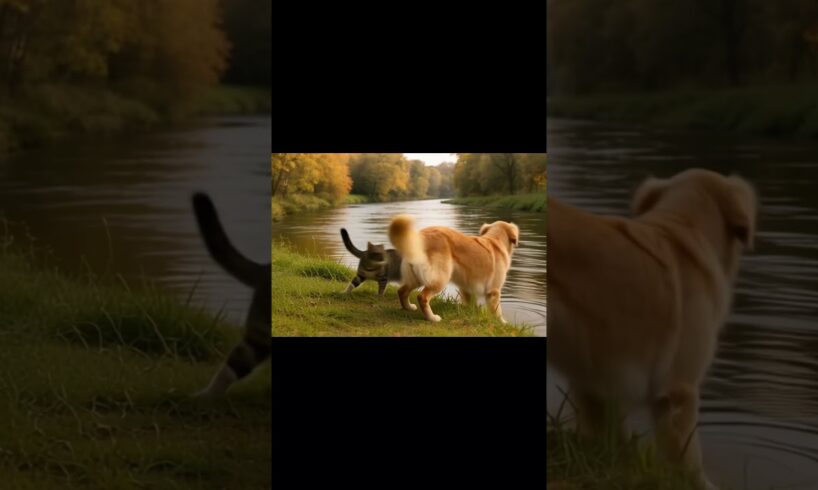 Cat & Dog playing in river side #animals #cat #dog #cat dog playing #funny cat &dog
