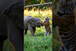 Cute Baby Elephant & Baby Tiger Playing Together 🐘🐅💖 #babytiger #babyelephant #shortvideo