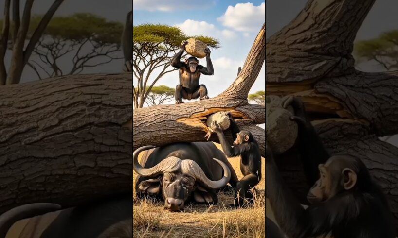 🐒Incredible Animal Rescue: Two Brave Chimpanzees Rescue Trapped Buffalo #animals #rescue #wildlife