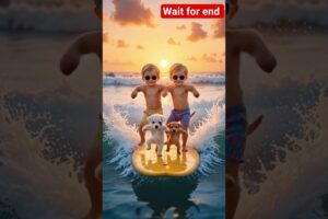Twin Babies Surfing with Cute Puppies at Sunset | Epic Beach Adventure!
