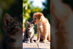 cute puppy and a kitten playing on the street #cat #kitten #dog #puppy ##cuteanimals #youtubeshorts