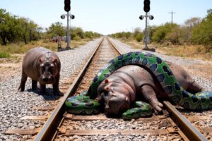 rescue animal: Railroad Crew Rescues Hippo from Giant Python Encounter