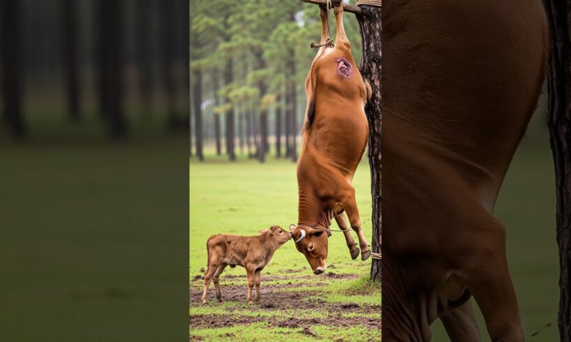 Brave Farmers And Baby Calf Team Work Rescue Cow Trapped By Hunters! #humanity #cow #animals #pets