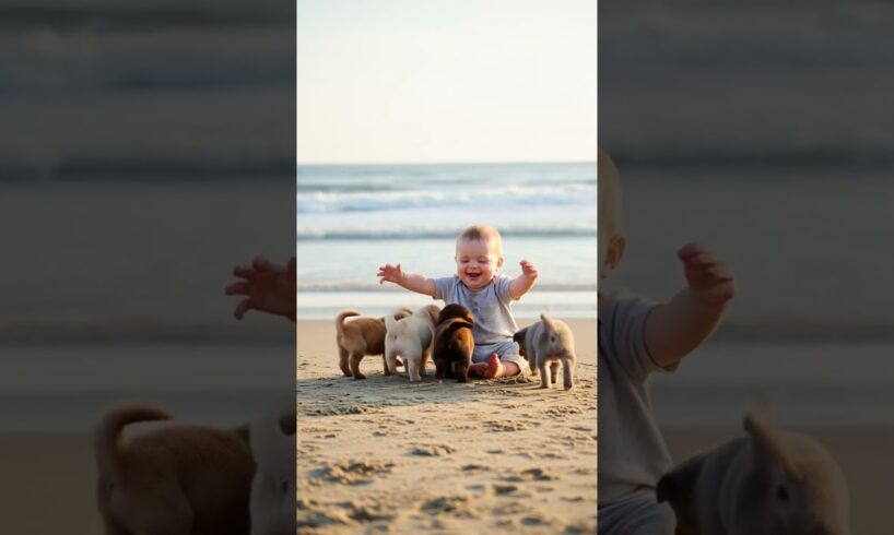 Cutest Moment Ever! 🐶 Baby Meets Puppies for the First Time on the Beach 🌊💛