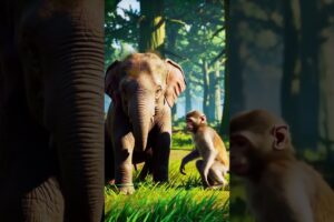 Monkey Playing with Baby Elephant 🐘🐒 #shorts #elephant #monkey #wildlife #cuteanimals #viral #animal