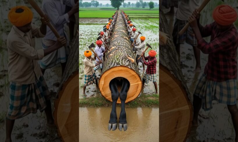 Rescue Black Cow From Giant Log! #humanity #cow #animals #pets #funny