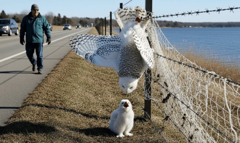 Rescuing a Snowy Owl Mother Trapped on a Barbed-Wire Fence – Her Chick Waiting for Her Below