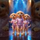 Three cute golden retriever puppies are dancing in a fashion show.