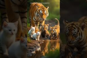 Tiger Cubs and Kittens Playing in Mud While Mother Tiger Watches 🐯🐾🤍#kitten #tigercub #CuteAnimals