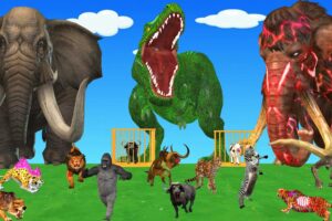 10 Giant Mammoth vs 5 Giant Tiger Lion Attack Baby Three Cow Gorilla Buffalo Saved By Woolly Mammoth