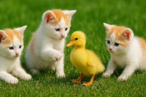 Cute kitten playing with ducking on the grass, cat video with farm animal, Kitten meowing
