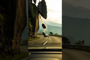 😱 Giant Rock Falls From the Cliff! Will They Survive This Close Call? 🚗💨#shorts