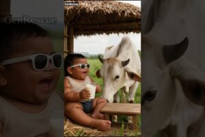 The joyful daily life of the cute baby and the magical cow 😂