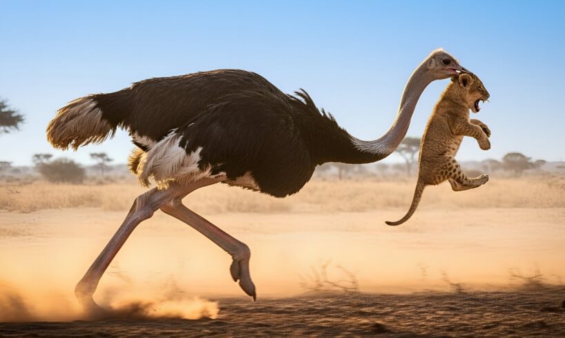 Ostrich Turns Predator on a Lion Cub! The Hunt Reversed
