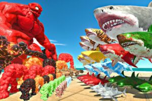 Sea Monsters Fights Lava Golem Team | Mutant Megalodon vs Giant Golem-Animal Revolt Battle Simulator