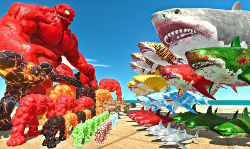 Sea Monsters Fights Lava Golem Team | Mutant Megalodon vs Giant Golem-Animal Revolt Battle Simulator