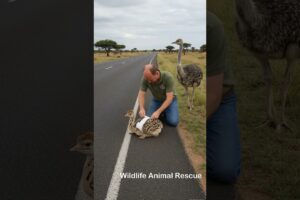 A kind-hearted man helped a baby Ostrich and his mother on the road