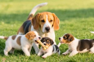 Beautiful puppies playing with mother dog on green grass - Dog barking sounds - Dog videos