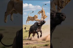 Buffalo Father’s Fury: Lion Flies for Attacking His Calf! #buffaloattacks #lionattacks #gohunt