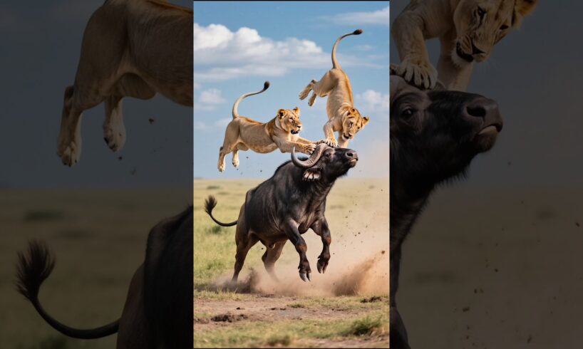 Buffalo Father’s Fury: Lion Flies for Attacking His Calf! #buffaloattacks #lionattacks #gohunt