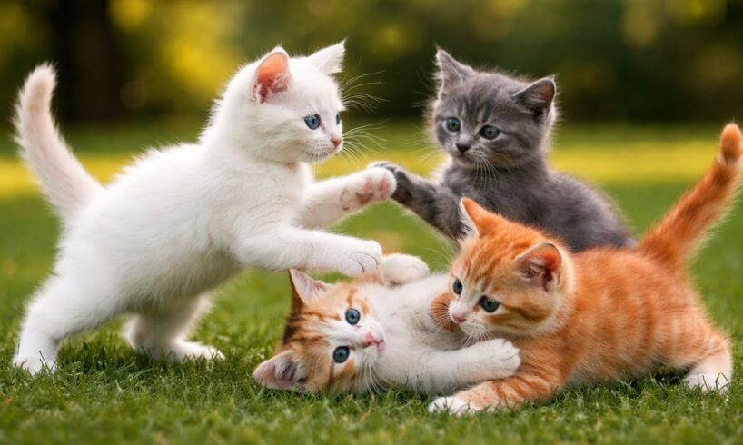 Cute Cat And Kitten Playing And Meowing With Farm Animals, Kitten Purring And Jumping, Cute Cat