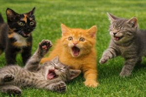 Cute Kitten And Cat Meowing And Playing With farm Animals, Kitten Purring And Meowing
