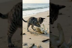 Kitten Saves Flipped Sea Turtle on the Beach | Heartwarming Animal Rescue   #kitten #rescue