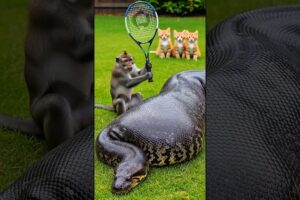 Miracle Rescue! God Sent a Monkey Savior To Rescue Cat From Anaconda 🐒🐱 #animals #snake #rescue