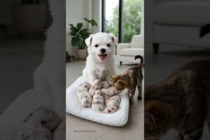 Mom Dog and Cat Team Up to Watch Over the Littlest Ones