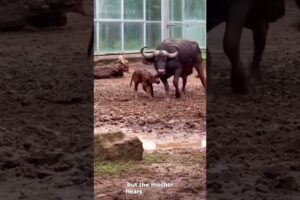 The baboon troop grew excited as the mother buffalo rescued her calf.