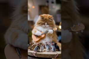 The cat is playing the guitar accompanied by the mouse with a beautiful song