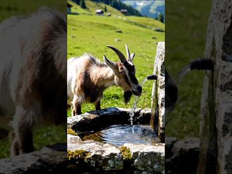 goat drinking and playing with water