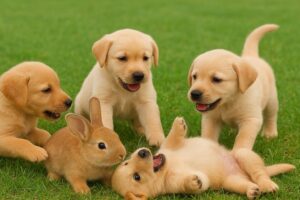 🌼🐶 Cute Baby Puppies Playing Happily with Rabbit – Relaxing Dog Sounds & Joyful Moments!