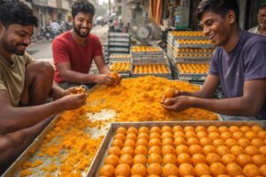 Massive Laddoo Making in Indian Street | Fresh Boondi Ladoo Preparation | Street Sweet Factory