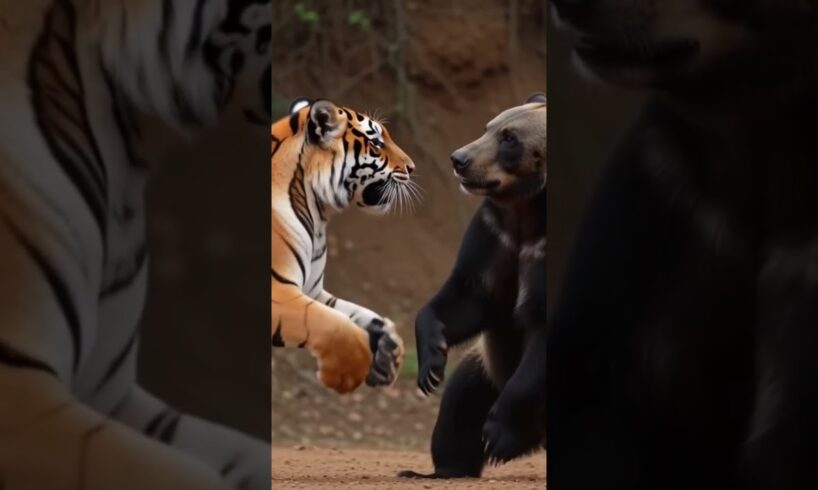 😨Tiger Vs Bear fight.. 🐯 vs🐻. #animals #fighting #animalplanet #wildlife #cat @Animal #shorts