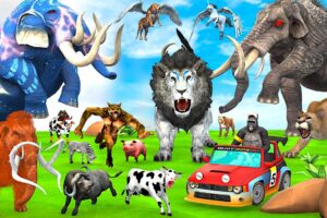 5 Giant Elephant Cow vs Giant Angry Indian Mammoth vs 5 Giant Lion Tiger Bull Saved By Wolly mammoth