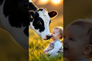“A calf playing joyfully with a baby, both enjoying the pure moments of life together ❤️🐄👶✨”