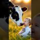 “A calf playing joyfully with a baby, both enjoying the pure moments of life together ❤️🐄👶✨”