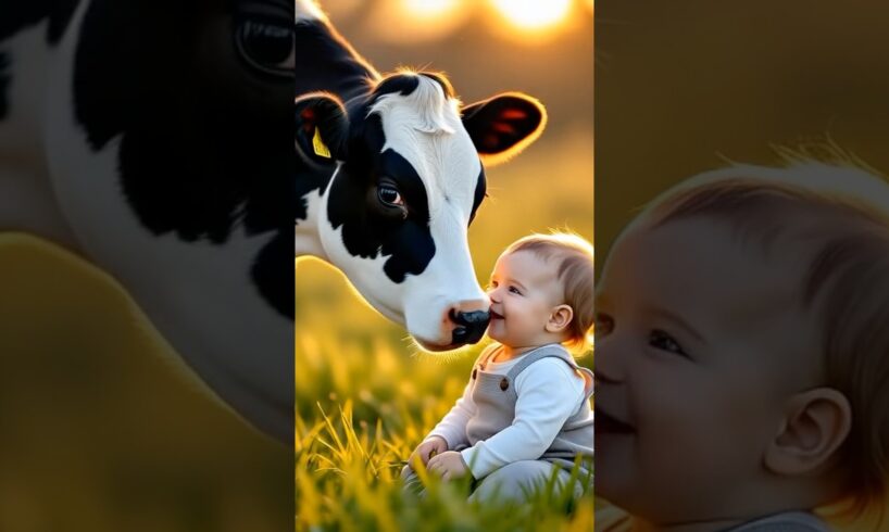 “A calf playing joyfully with a baby, both enjoying the pure moments of life together ❤️🐄👶✨”