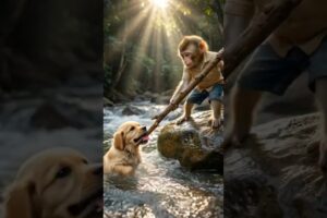 Baby Monkey Saves Puppy from River 😭🐶#shorts