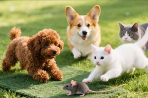 Cute puppies and kittens chasing mice on the green grass - Kitten sounds - Dog and cat videos