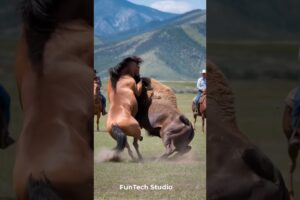 😱🔥Horse Vs Bison Fight🐎🦬#animals #animal #short #animallover #wildlife #horse #bison #trending #usa