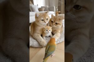 Cat Family Meets a Parrot… And the Kitten Can’t Stop Staring