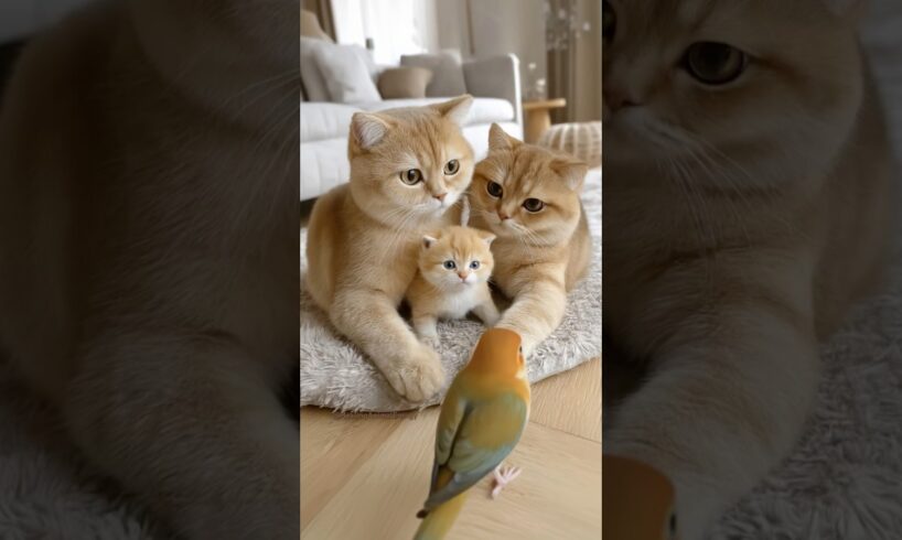 Cat Family Meets a Parrot… And the Kitten Can’t Stop Staring